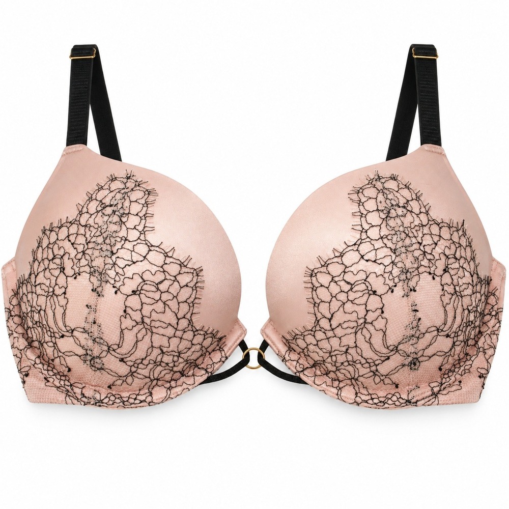 Victorias Secret Bombshell Add 2 Cups Push Up Bra 34C Pink Black Lace Plunge
